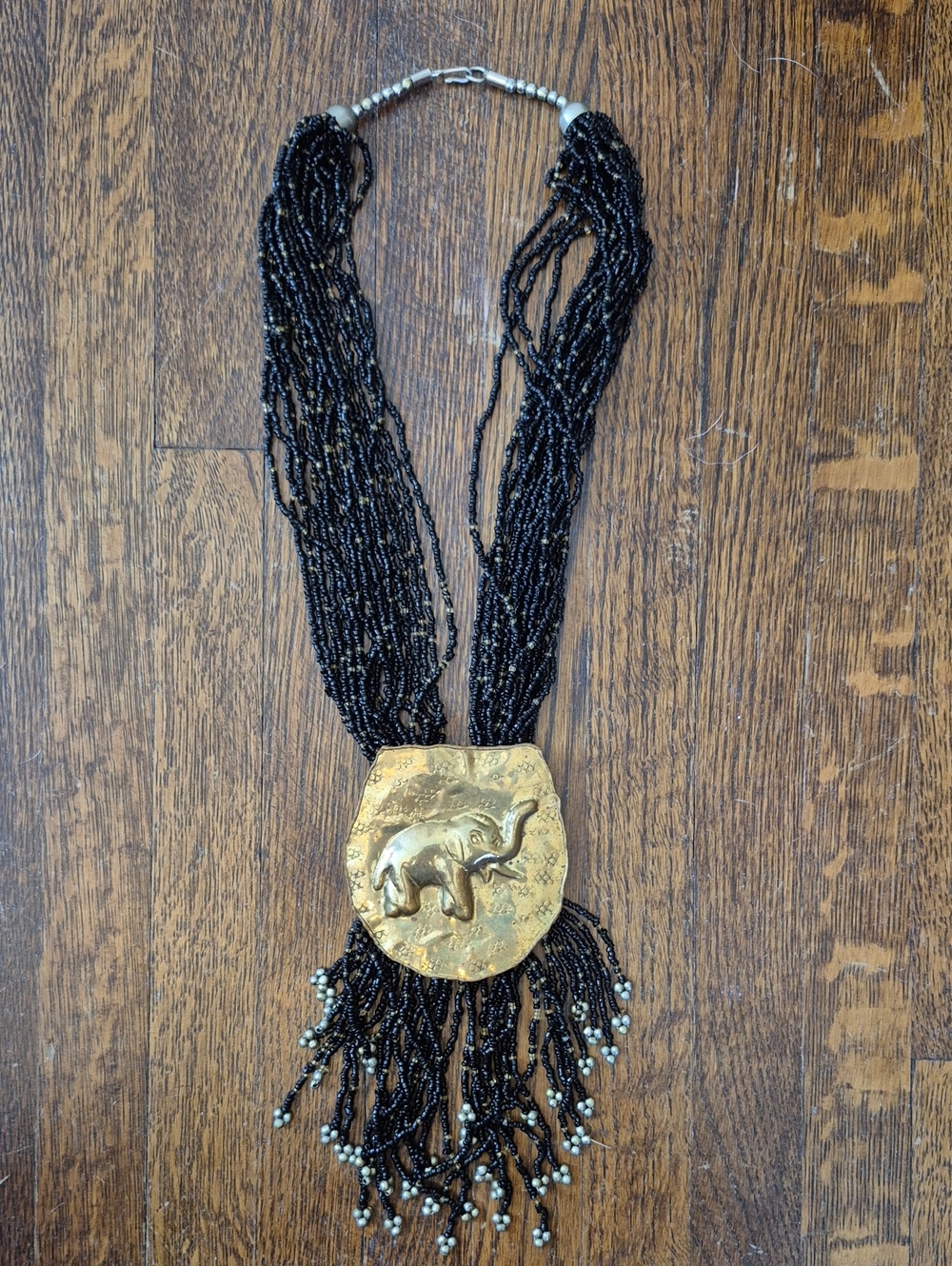 Vintage Black & Gold Elephant Multi-Strand Beaded Necklace